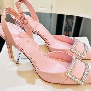 Black Suede Studio Pink Slingback Heels with Rhinestone Detail NIB